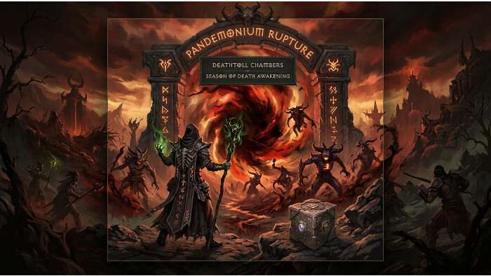 Diablo IV featured thumbnail voor Season of Death Awakening met donkere demonische sfeer en seizoensheadline