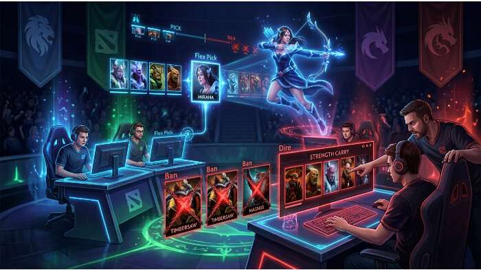 Dota 2 uitgelichte thumbnail over de draftfase met hero picks en bans voordat de laning start