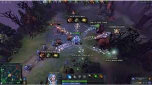 Dota 2 uitgelichte thumbnail met de Dota 2-logo en abstracte game-UI, passend bij een ontwerpanalyse