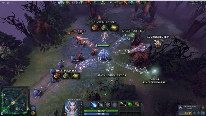 Dota 2 uitgelichte thumbnail met de Dota 2-logo en abstracte game-UI, passend bij een ontwerpanalyse