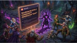Dota 2 uitgelichte thumbnail met donker rode achtergrond en titel over Pendragon-haat en een blijvende vete