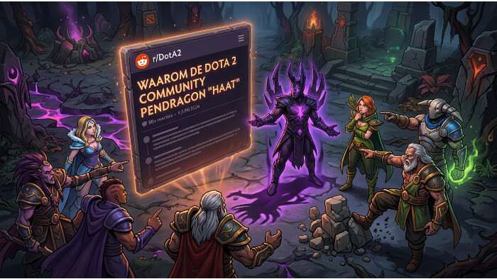 Dota 2 uitgelichte thumbnail met donker rode achtergrond en titel over Pendragon-haat en een blijvende vete