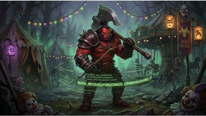 Dota 2 thumbnail met Dota 2-logo en Valve-datamining grap rond de variabelenaam "Dark Carnival"