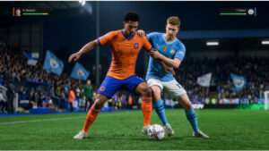 EA Sports FC 24 uitgelichte thumbnail over het eerste seizoen zonder FIFA-naam, met speler en stadionachtergrond