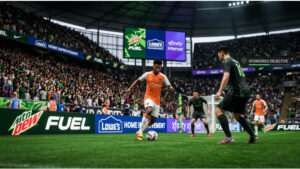 Featured thumbnail voor EA Sports FC 25 met advertentieplatform-aankondiging en voetbalspeler op stadionachtergrond