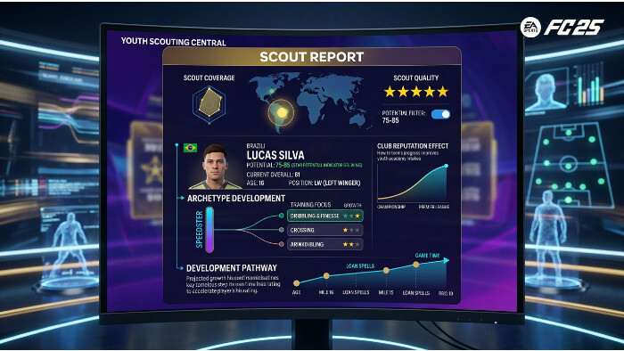 Featured thumbnail voor EA Sports FC 25 over jeugdscouting, met een speler in actie en scouting-focus