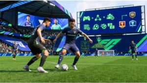EA Sports FC featured thumbnail met voetbalveld en spelerssilhouetten voor een beginnersgids om te starten