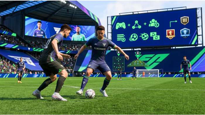 EA Sports FC featured thumbnail met voetbalveld en spelerssilhouetten voor een beginnersgids om te starten