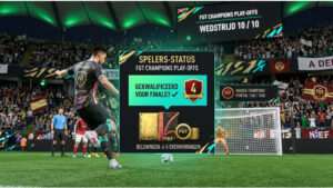 EA SPORTS FC FUT Champions thumbnail met voetbalstadion en tekst over kwalificatie, Play-offs en Finals
