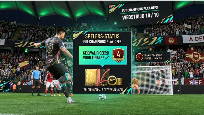 EA SPORTS FC FUT Champions thumbnail met voetbalstadion en tekst over kwalificatie, Play-offs en Finals