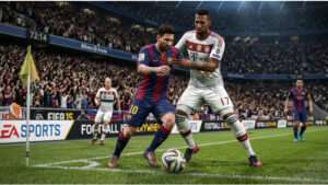 FIFA 15 PlayStation thumbnail met voetballer in actie, passend bij focus op timing en tactiek