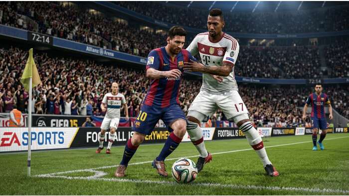 FIFA 15 PlayStation thumbnail met voetballer in actie, passend bij focus op timing en tactiek