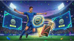 FIFA featured thumbnail over FUT Draft tokens verdienen, met voetbalkaart-stijl en muntachtige accenten