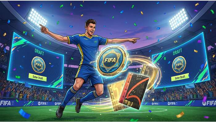 FIFA featured thumbnail over FUT Draft tokens verdienen, met voetbalkaart-stijl en muntachtige accenten