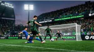 FIFA featured thumbnail over Squad Battles punten farmen met voetbalspeler en stadionachtergrond