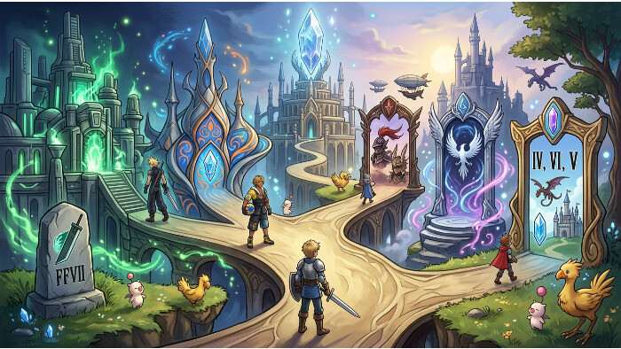 Uitgelichte thumbnail voor Final Fantasy speelvolgorde met overzichtelijke titeltekst op een game-achtergrond