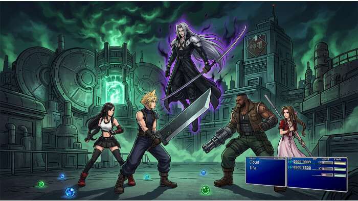 Final Fantasy VII featured thumbnail met Cloud Strife en het Midgar-silhouet voor een PS RPG-retroartikel