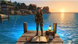Featured thumbnail for Final Fantasy XIV showing a character fishing by the water, highlighting the fishing metagame