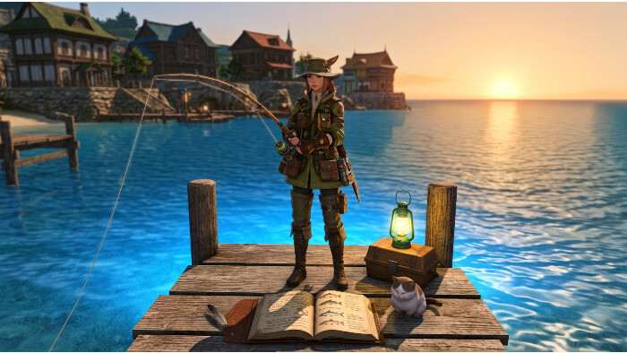 Featured thumbnail for Final Fantasy XIV showing a character fishing by the water, highlighting the fishing metagame