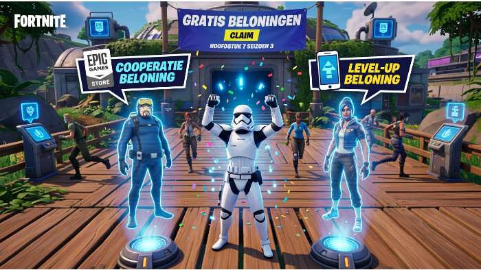 Fortnite featured thumbnail over acht gratis skins, met een kleurrijke game-achtergrond en promotionele stijl