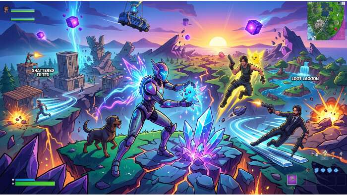 Fortnite thumbnail met paarse gradient en titel over Chapter 7 Season 3 met nieuwe map en verzamelbare Sprites