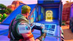 Vierkante Fortnite-thumbnail met de titel over controller settings en een gamepad-icoon op een paarse achtergrond