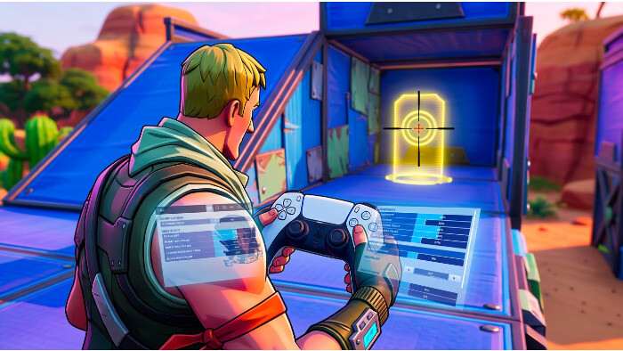 Vierkante Fortnite-thumbnail met de titel over controller settings en een gamepad-icoon op een paarse achtergrond