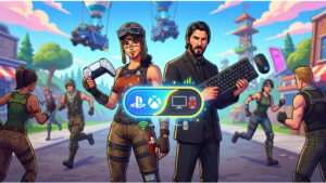 Fortnite thumbnail met controller- en pc-icoon die crossplay aan of uit toont voor eerlijkere matchmaking