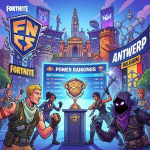 Fortnite featured thumbnail met paarse Global Championship-stijl achtergrond en Fortnite personage