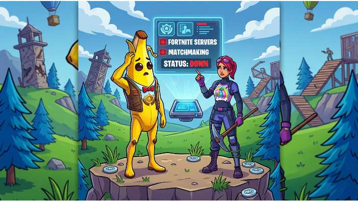 Fortnite featured thumbnail met personage en waarschuwingstekst over serverstatus en mogelijke Epic-down