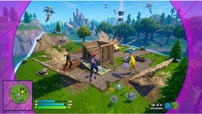 Fortnite thumbnail met personage en paarse stormachtergrond die de stormcirkel en kaartcontrole uitbeeldt