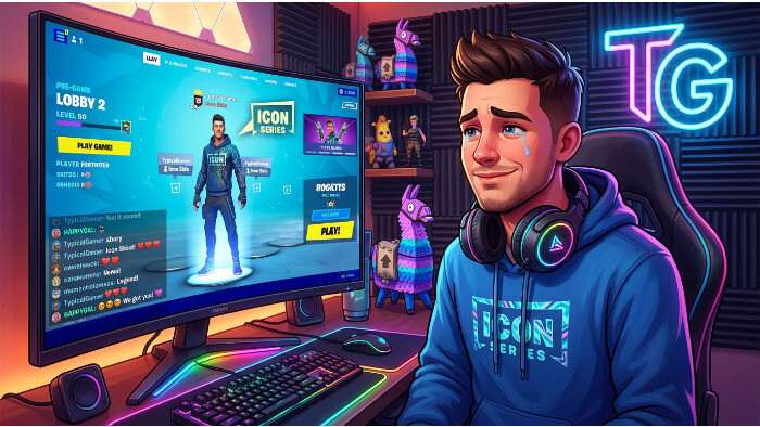 Fortnite thumbnail met TypicalGamer Icon-skin en titel over zijn emotionele reactie op steun van een fan