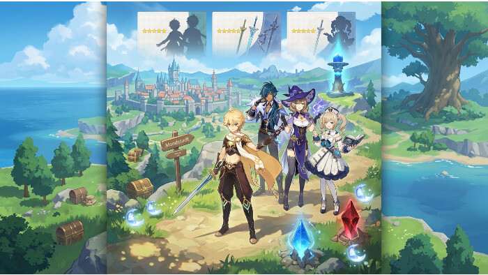 Genshin Impact featured thumbnail voor een beginnersgids, met kleurrijke fantasy-achtergrond en avontuurlijke sfeer