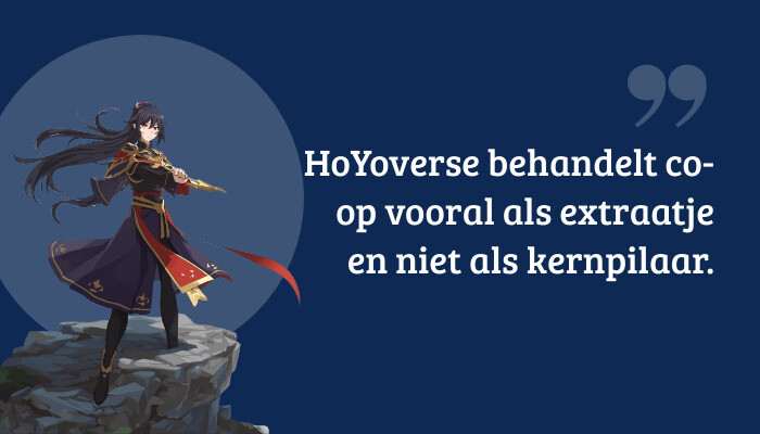 Quote-banner bij Genshin Impact met pull quote over HoYoverse dat co-op vooral als extraatje behandelt