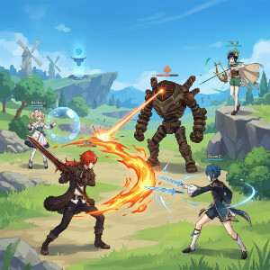 Featured thumbnail voor Genshin Impact met personages die co-op gameplay en het solo-design thema suggereren