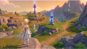 Genshin Impact thumbnail met personage in fantasy landschap, passend bij terrein, zichtlijnen en beloningen