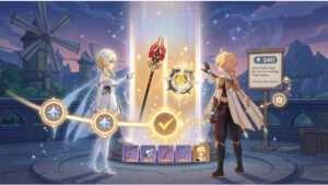 Genshin Impact featured thumbnail over de weapon banner, met een gestileerde game-achtergrond en titeltekst