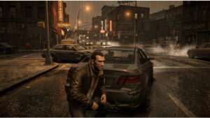 Featured thumbnail voor Grand Theft Auto IV met een sombere stadsachtergrond en de titel van het artikel