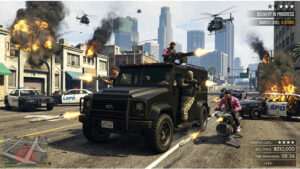 Featured thumbnail voor Grand Theft Auto Online met GTA V-stijl illustratie en titel over chaos, grind en vrijheid