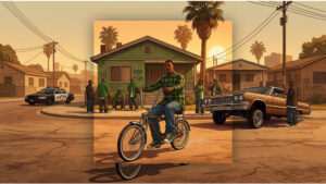 Featured thumbnail voor Grand Theft Auto: San Andreas met collage-illustratie van personages en auto's