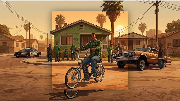 Featured thumbnail voor Grand Theft Auto: San Andreas met collage-illustratie van personages en auto's