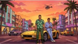 Uitgelichte thumbnail voor Grand Theft Auto: Vice City Stories met de gamecover-stijl en Vice City sfeer
