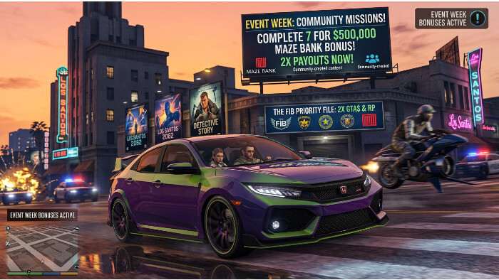 Featured thumbnail voor Grand Theft Auto Online met GTA Online logo en kop over Event Week met community-missies