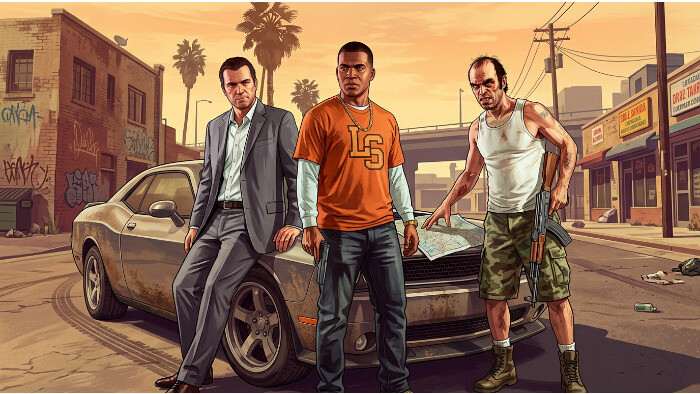 GTA V artikelthumbnail met personages en skyline, verwijzend naar het verhaal van North Yankton tot Los Santos