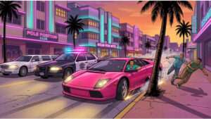 Uitgelichte thumbnail voor Grand Theft Auto: Vice City met retro neonstijl, passend bij een mobiel en PlayStation review