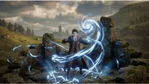 Uitgelichte thumbnail voor Hogwarts Legacy met magische blauwe gloed rond een tovenaar, passend bij Ancient Magic