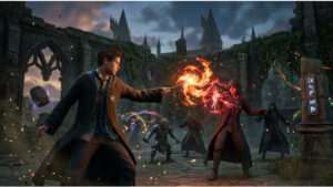 Featured thumbnail voor Hogwarts Legacy met een tovenaar die een spreuk afvuurt in een magische omgeving