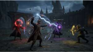 Hogwarts Legacy uitgelichte thumbnail met tovenaar die spreuken cast tijdens een gevecht in de game