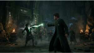 Hogwarts Legacy uitgelichte thumbnail met een tovenaar die Dark Arts magie en een groene curse-spell uitspreekt