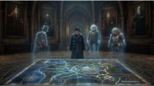 Uitgelichte thumbnail voor Hogwarts Legacy over Reddit-kritiek op het einde, met een magische sfeer rond Hogwarts